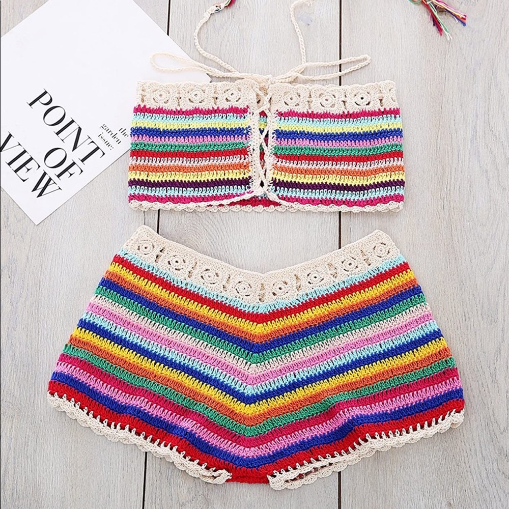 Crochet Striped Lace Up Bandeau Shorts Bikini Set